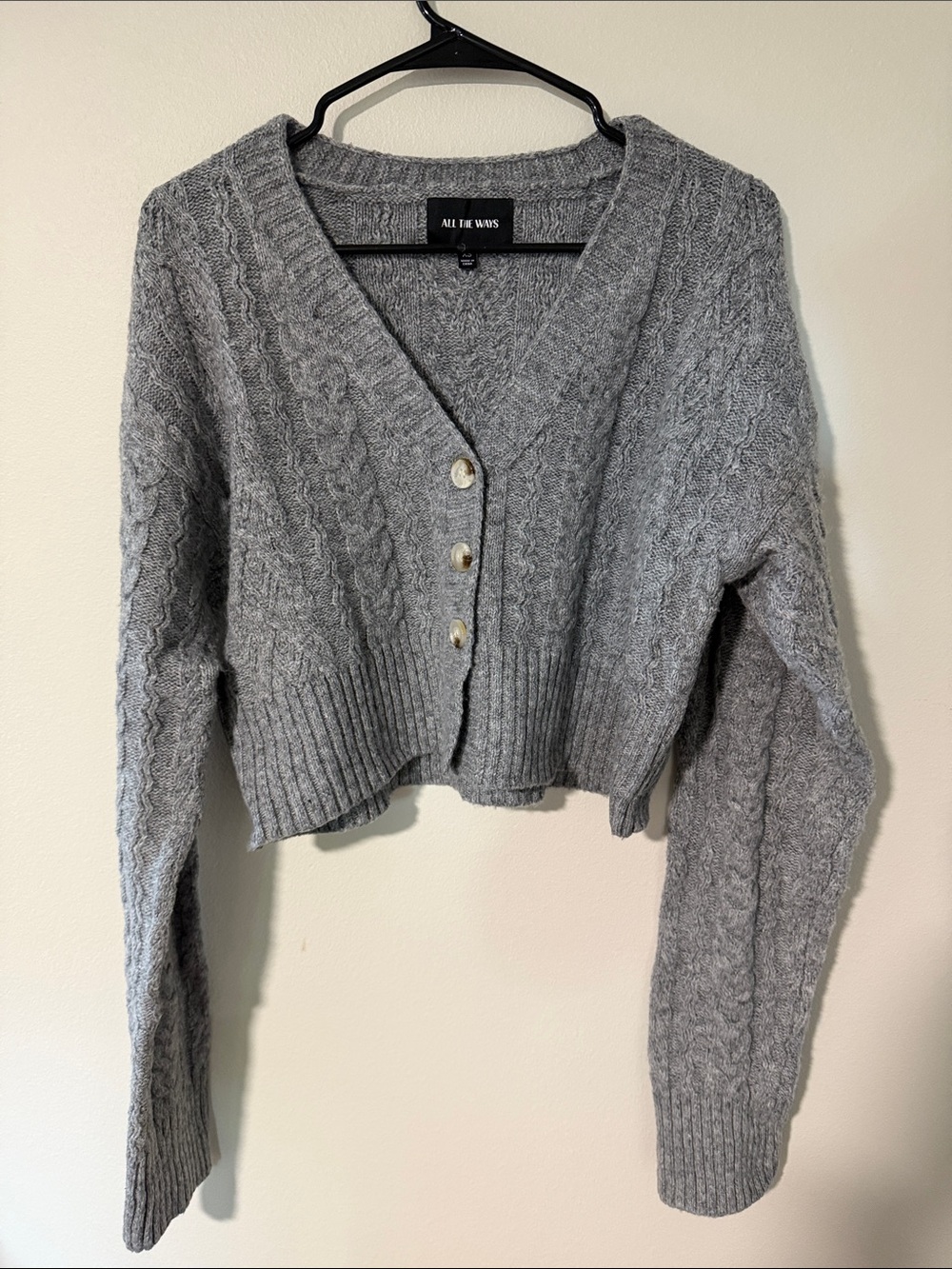 All The W Is Gray Cropped Cable-Knit V-Neck Cardigan